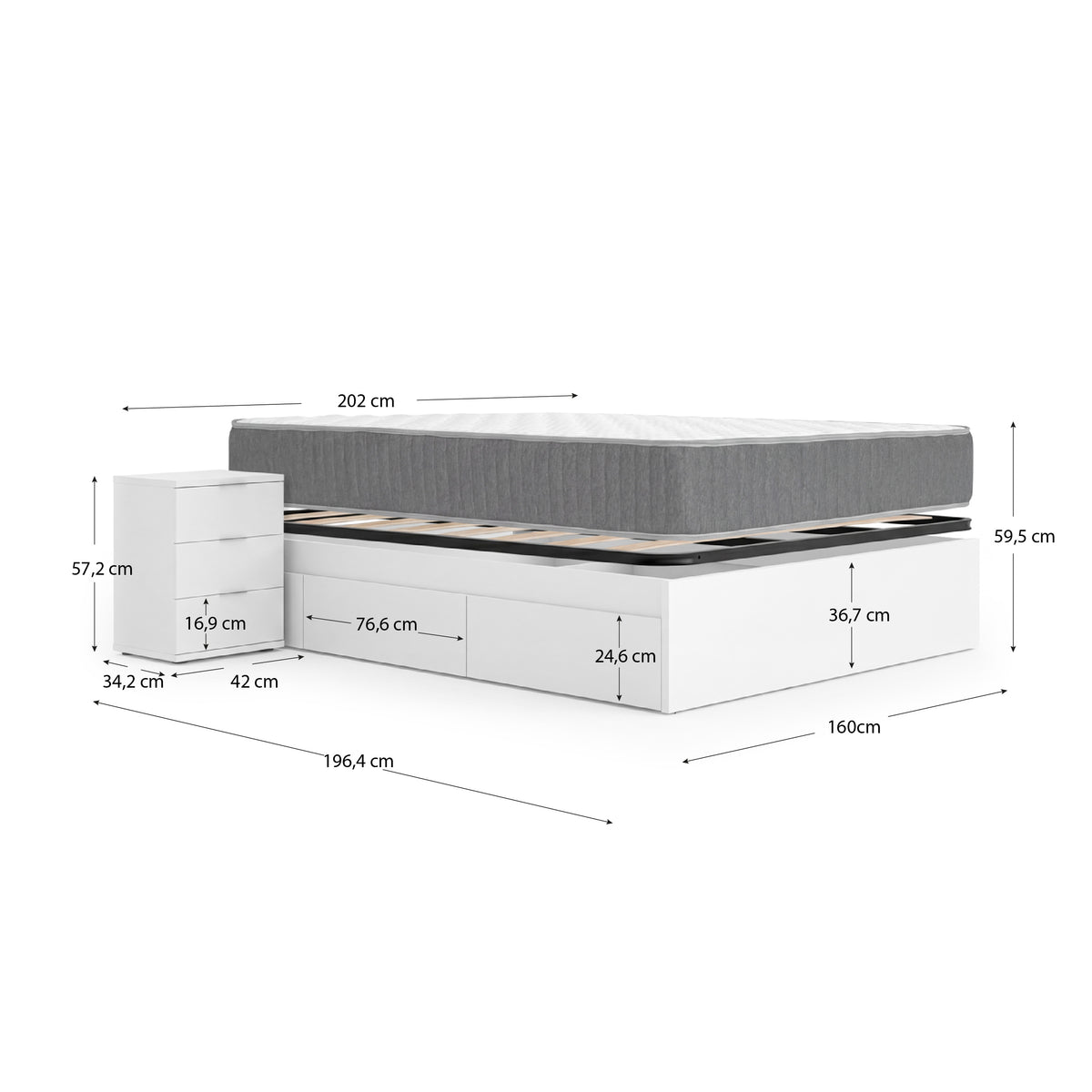 Pack ahorro matrimonio Cama compacta, 2 Mesitas de noche, Colchón viscoelástico y muelles Aurea y Somier 150 x 190 cm