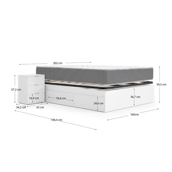 Pack ahorro matrimonio Cama compacta, 2 Mesitas de noche, Colchón viscoelástico y muelles Aurea y Somier 150 x 190 cm