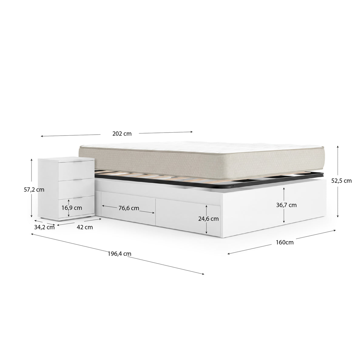 Pack ahorro matrimonio Cama compacta, 2 Mesitas de noche, Colchón viscoelástico Nova Plus y Somier 150 x 190 cm