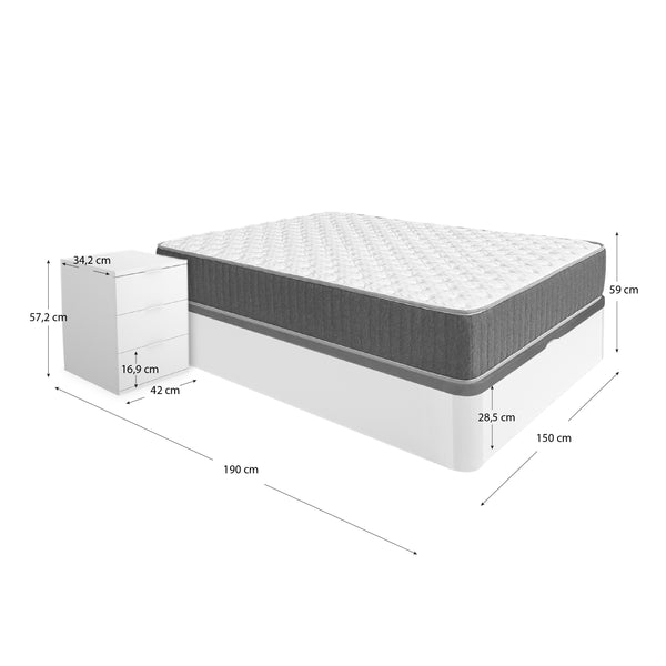 Pack ahorro matrimonio Canapé Round, 2 Mesitas de noche y Colchón viscoelástico y muelles Aurea 150 x 190 cm
