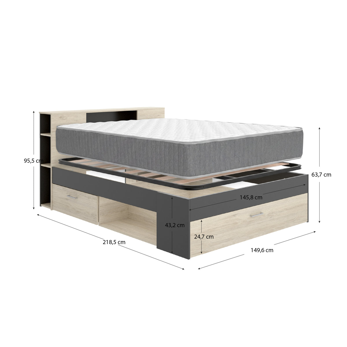 Pack ahorro matrimonio Cama Lanka con cabecero, Colchón Aurea y Somier 135 x 190 cm
