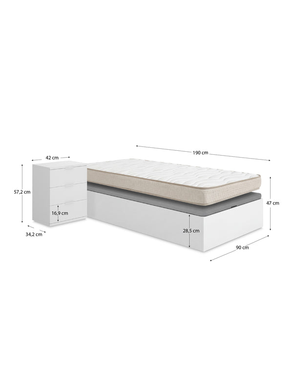 Pack ahorro juvenil Canapé Nest con Colchón viscoelástico Nova 90 x 190 cm y Mesita de noche Rio