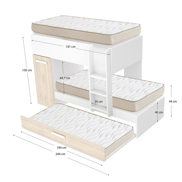 Pack ahorro juvenil Cama tren triple Tom con 3 Colchones viscoelásticos Nova 90 x 190 cm
