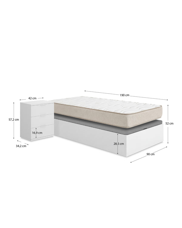 Pack ahorro juvenil Canapé Nest con Colchón viscoelástico Nova Plus 90 x 190 cm y Mesita de noche Rio