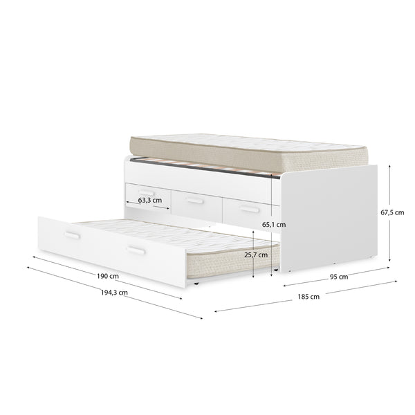 Pack ahorro juvenil Cama nido Leka con 3 cajones, 1 Somier y 2 Colchones viscoelásticos Nova 90 x 190 cm