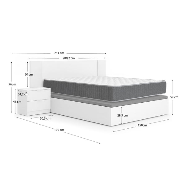 Pack ahorro matrimonio Cabecero con dos Mesitas Len, Canapé abatible con Colchón Aurea 150 x 190 cm