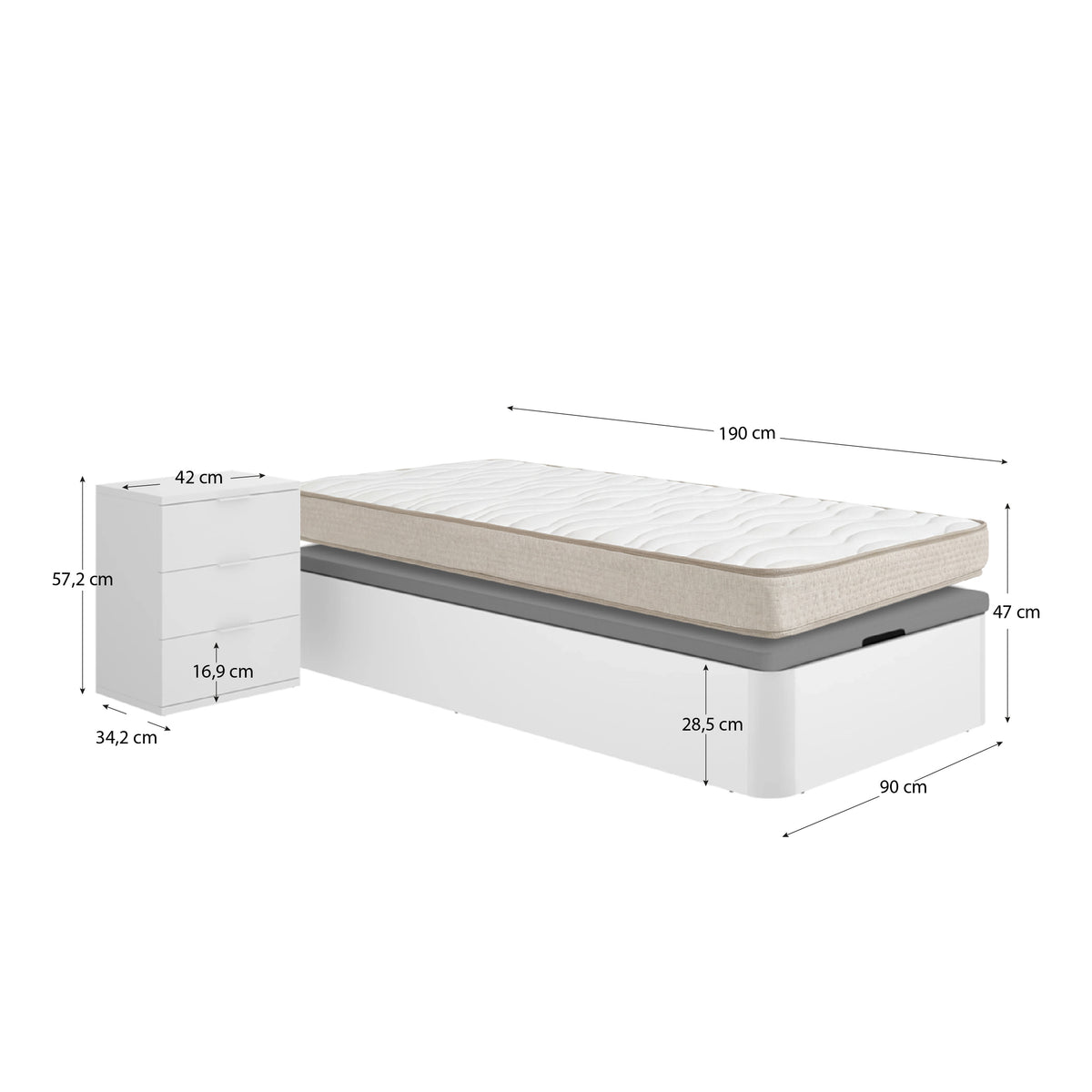 Pack ahorro juvenil Canapé Round con Colchón viscoelástico Nova 90 x 190 cm y Mesita de noche Rio