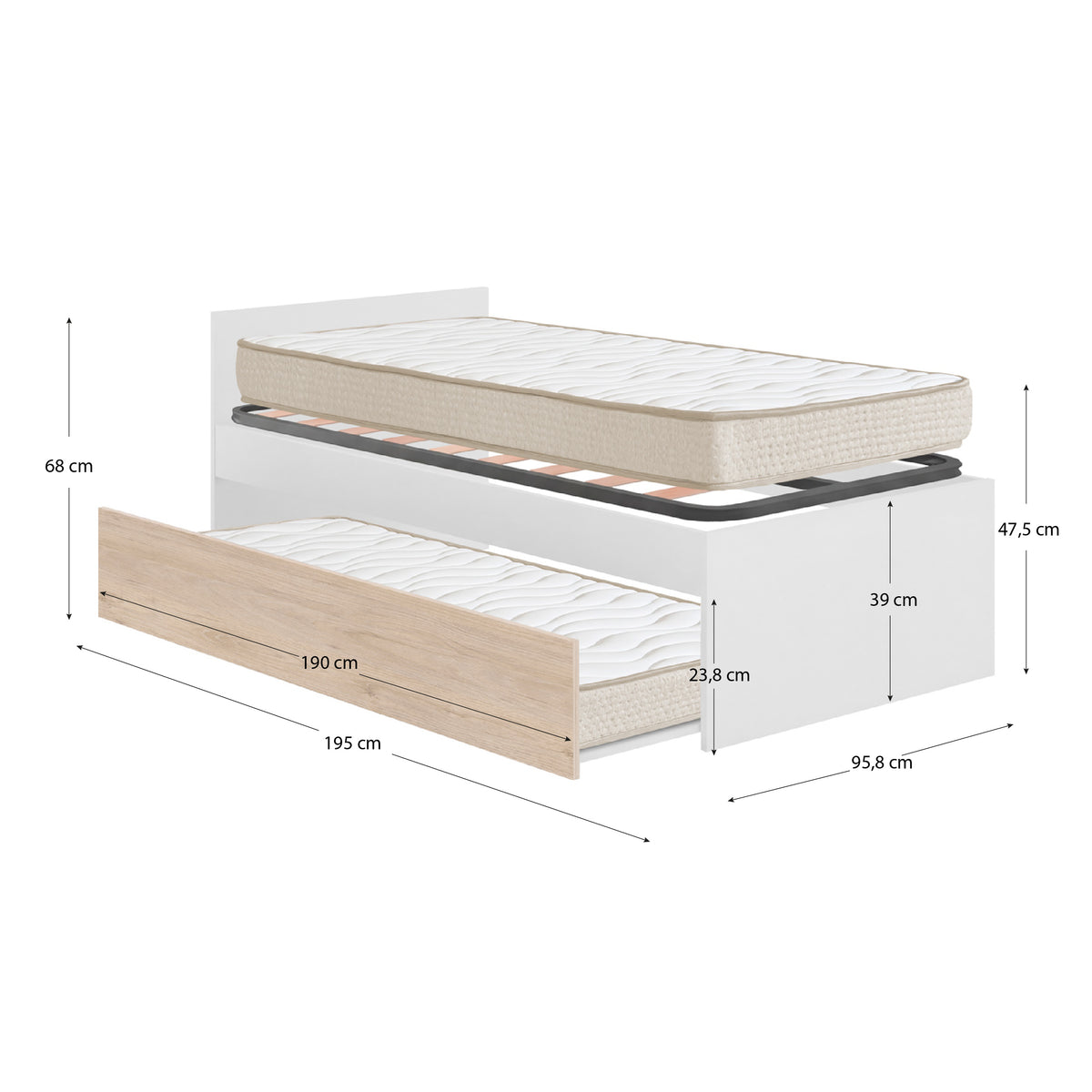 Pack ahorro juvenil Cama nido con Cabecero Top, 1 Somier y 2 Colchónes viscoelásticos Nova 90 x 190 cm