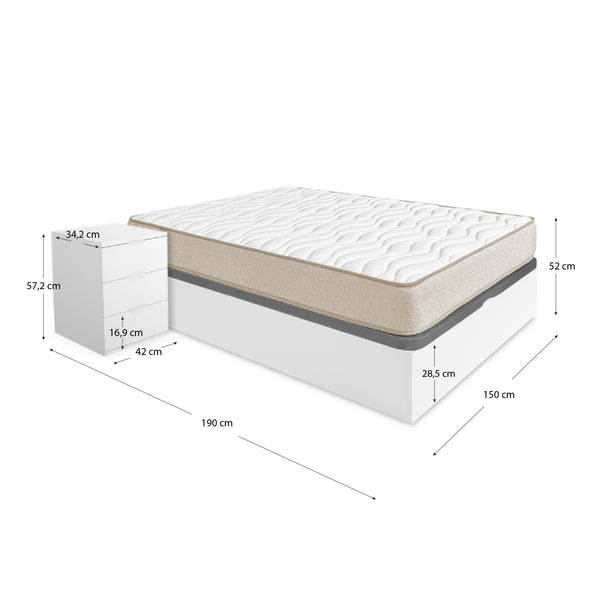 Pack ahorro matrimonio Canapé Nest, 2 Mesitas de noche y Colchón viscoelástico Nova Plus 150 x 190 cm