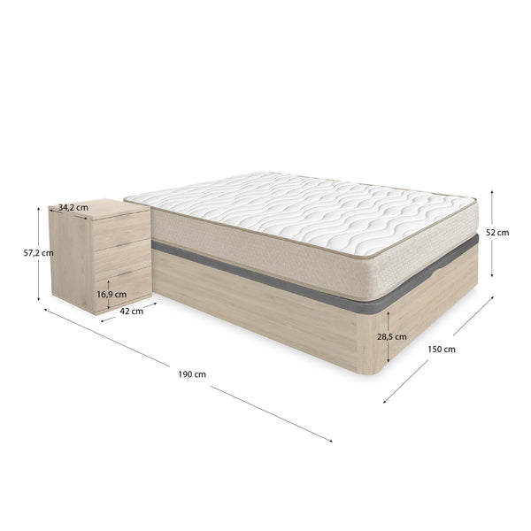 Pack ahorro matrimonio Canapé Round, 2 Mesitas de noche y Colchón viscoelástico Nova Plus 150 x 190 cm
