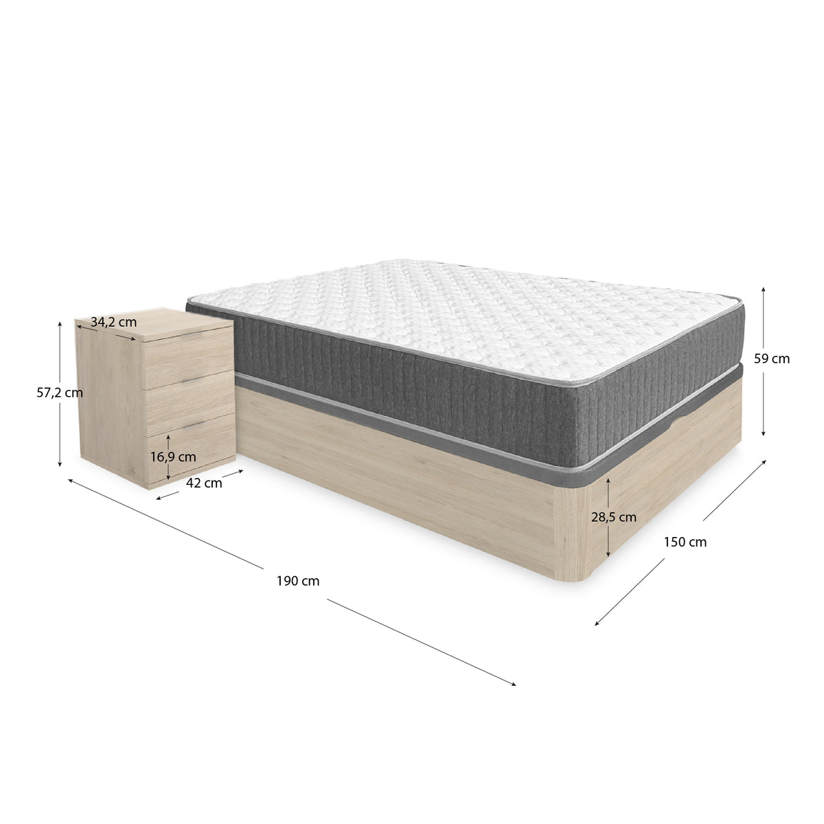 Pack ahorro matrimonio Canapé Round, 2 Mesitas de noche y Colchón viscoelástico y muelles Aurea 150 x 190 cm