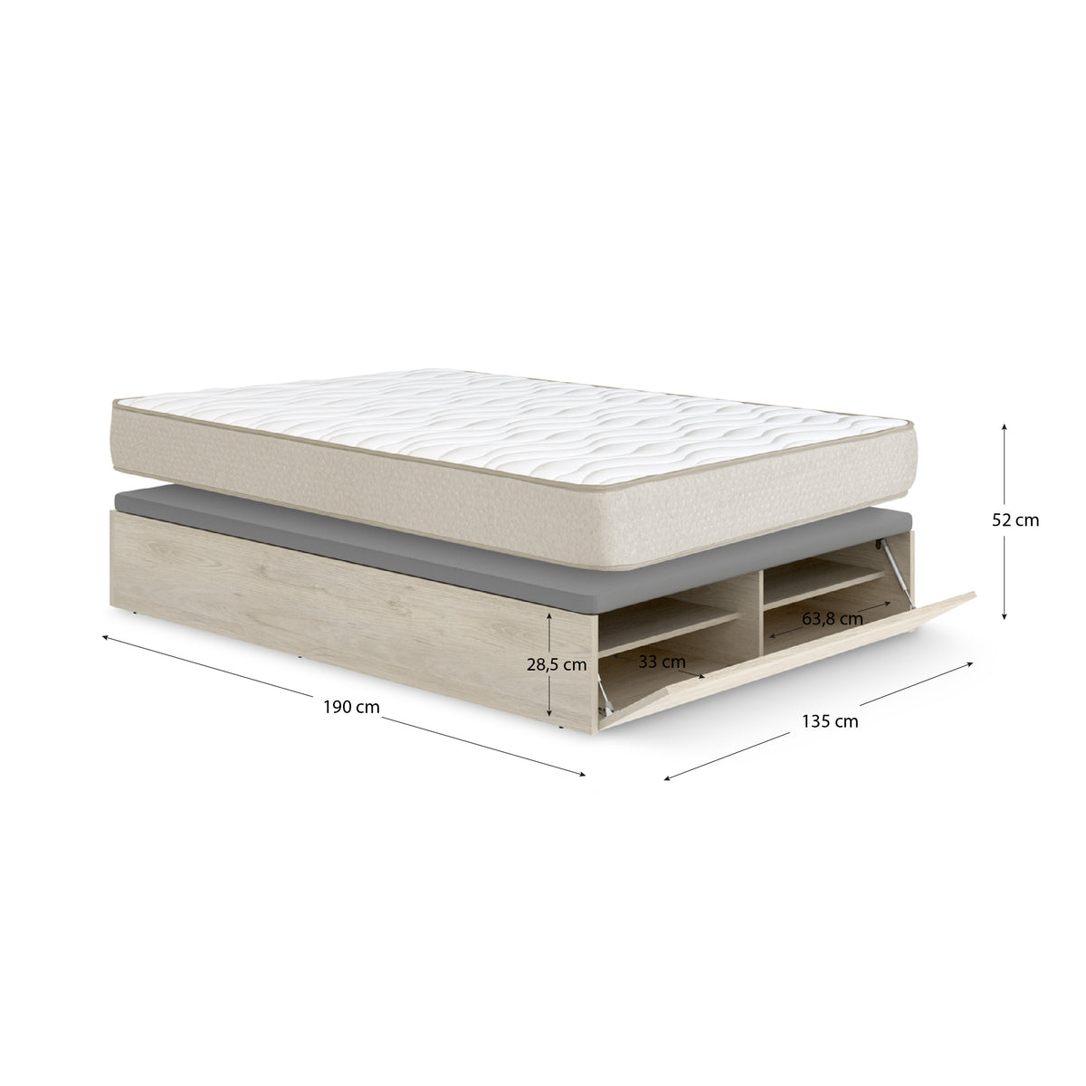 Pack ahorro matrimonio Canapé con zapatero Lan y Colchón viscoelástico Nova Plus, 20cm de grosor, 135 x 190 cm