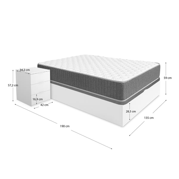 Pack ahorro matrimonio Canapé Nest, 2 Mesitas de noche y Colchón viscoelástico y muelles Aurea 135 x 190 cm