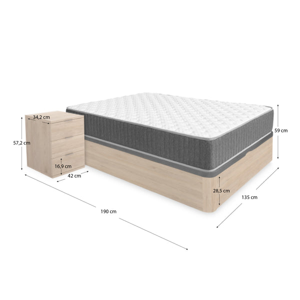 Pack ahorro matrimonio Canapé Round, 2 Mesitas de noche y Colchón viscoelástico y muelles Aurea 135 x 190 cm
