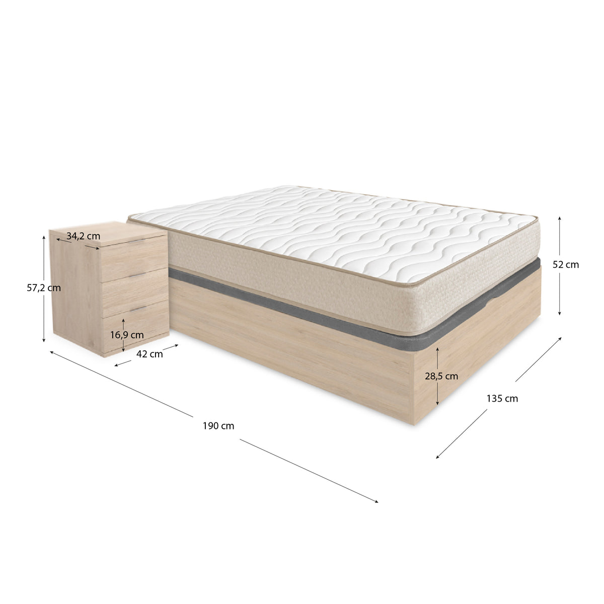 Pack ahorro matrimonio Canapé Nest, 2 Mesitas de noche y Colchón viscoelástico Nova Plus 135 x 190 cm