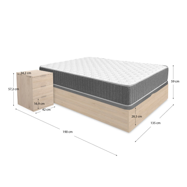 Pack ahorro matrimonio Canapé Nest, 2 Mesitas de noche y Colchón viscoelástico y muelles Aurea 135 x 190 cm