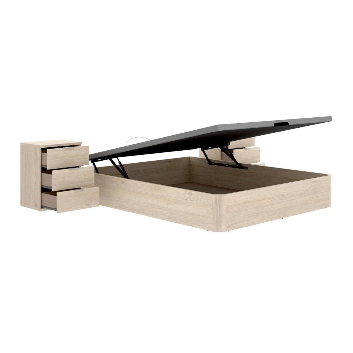 Pack ahorro matrimonio Canapé Round, 2 Mesitas de noche y Colchón viscoelástico y muelles Aurea 150 x 190 cm