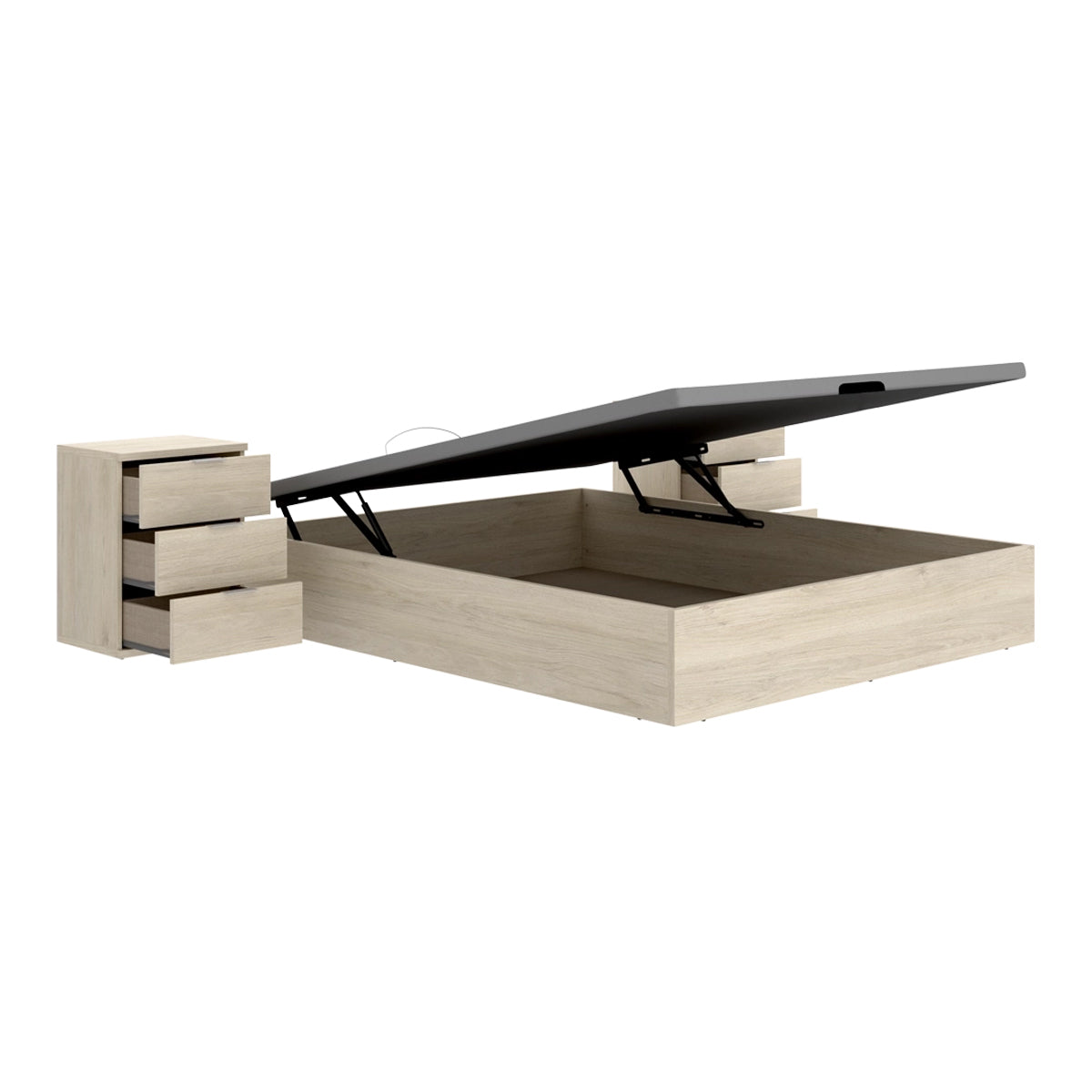 Pack ahorro matrimonio Canapé Nest, 2 Mesitas de noche y Colchón viscoelástico Nova Plus 135 x 190 cm