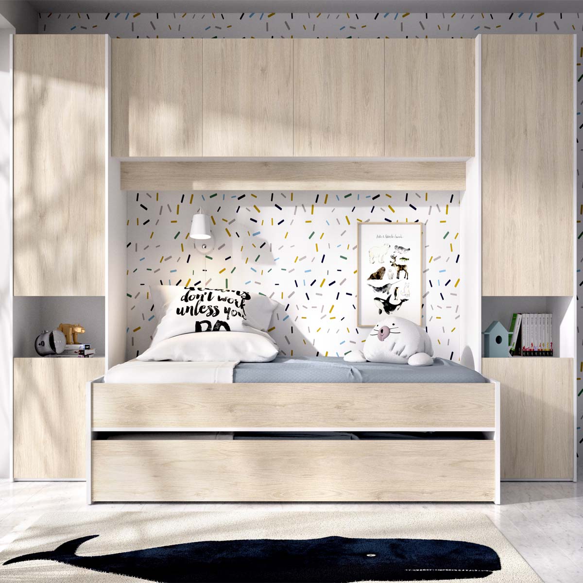 Pack ahorro juvenil Dormitorio puente Kwai, 1 Somier y 2 Colchones viscoelásticos Nova 90 x 190 cm