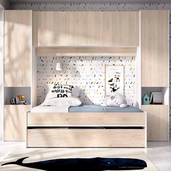 Pack ahorro juvenil Dormitorio puente Kwai, 1 Somier y 2 Colchones viscoelásticos Nova 90 x 190 cm