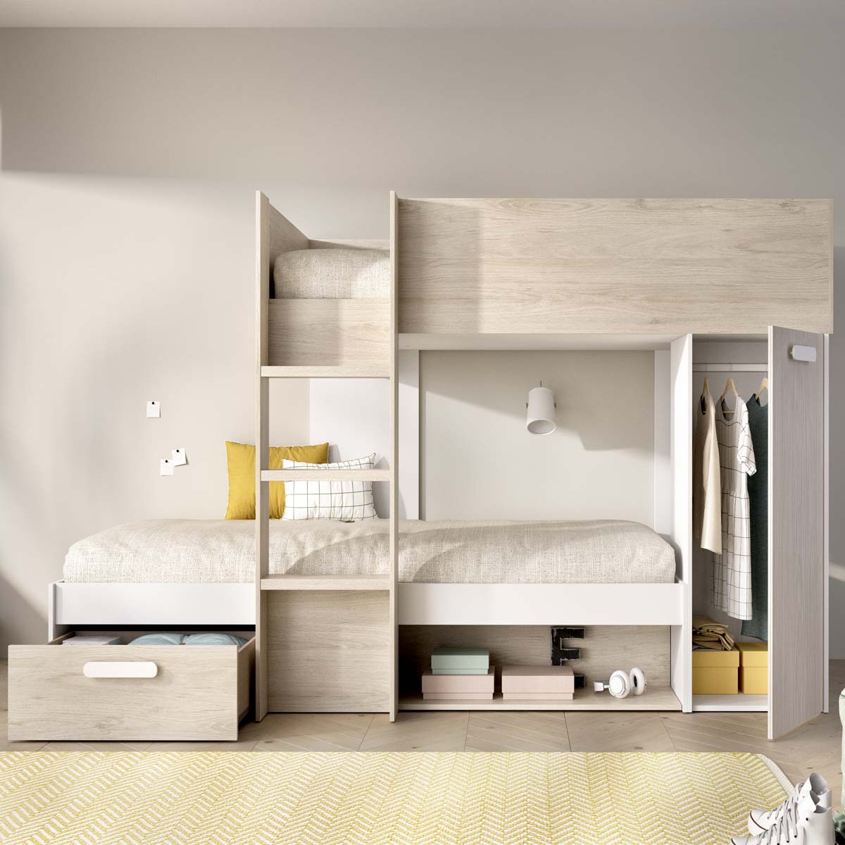 Pack ahorro juvenil Cama tren Kos, 1 Somier y 2 Colchones viscoelásticos Nova 90 x 190 cm