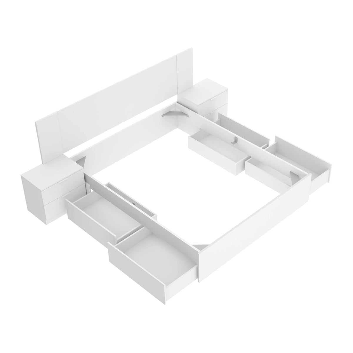 Pack ahorro matrimonio Cama compacta, Cabecero y 2 Mesitas Len, Colchón viscoelástico Nova Plus y Somier 150 x 190 cm