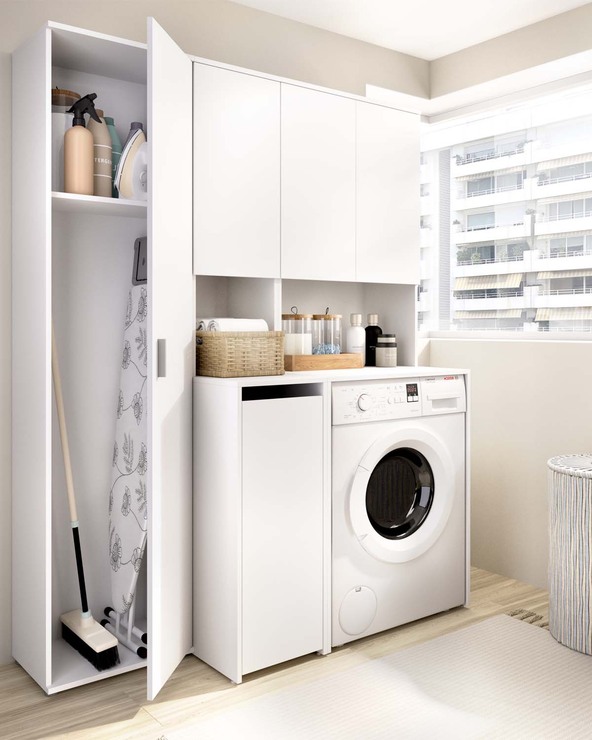 Armario para lavadora con modulo alto y columna multiusos Fit