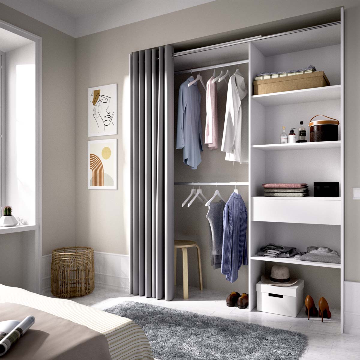 Armario vestidor regulable con columna y cortina Suit
