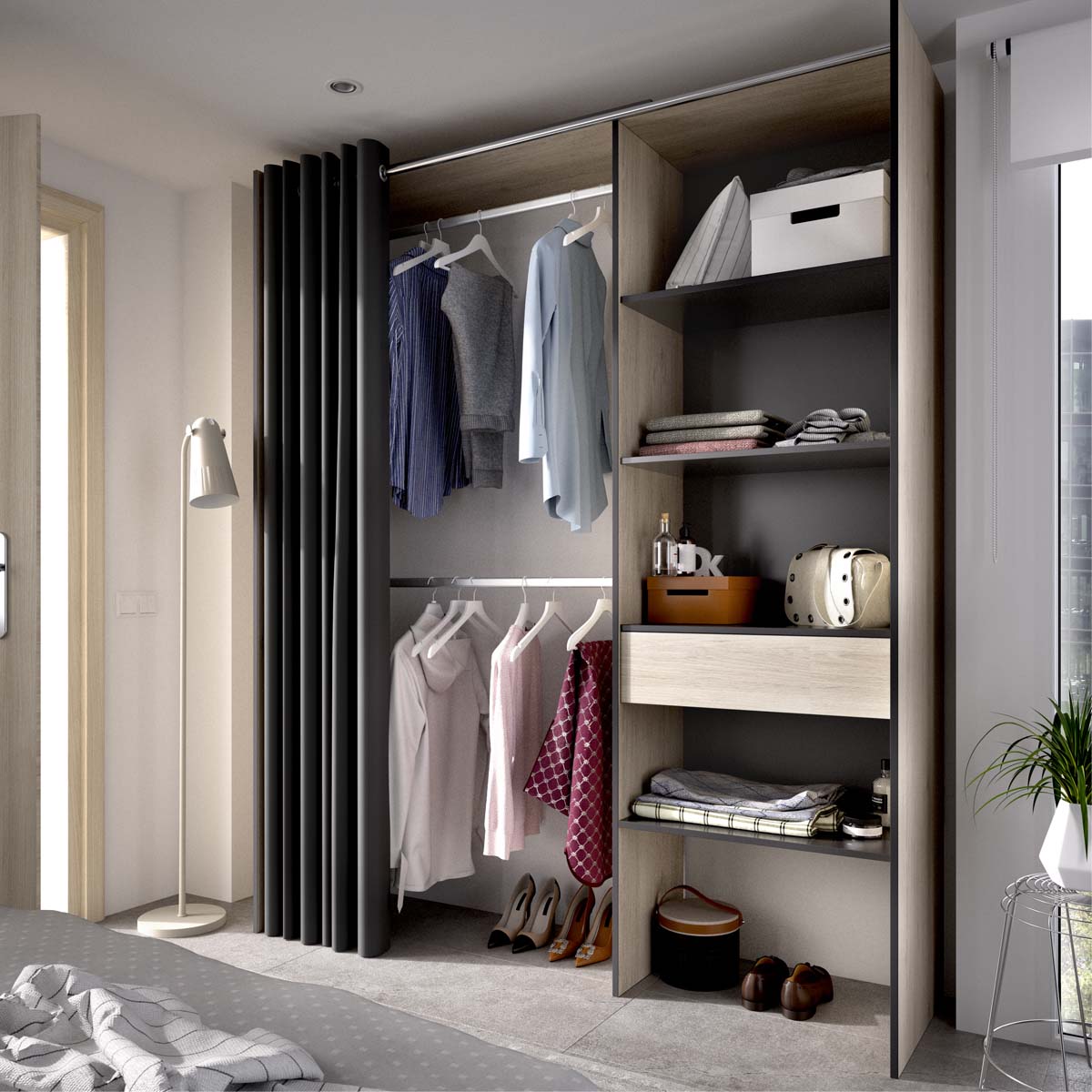 Armario vestidor regulable con columna y cortina Suit