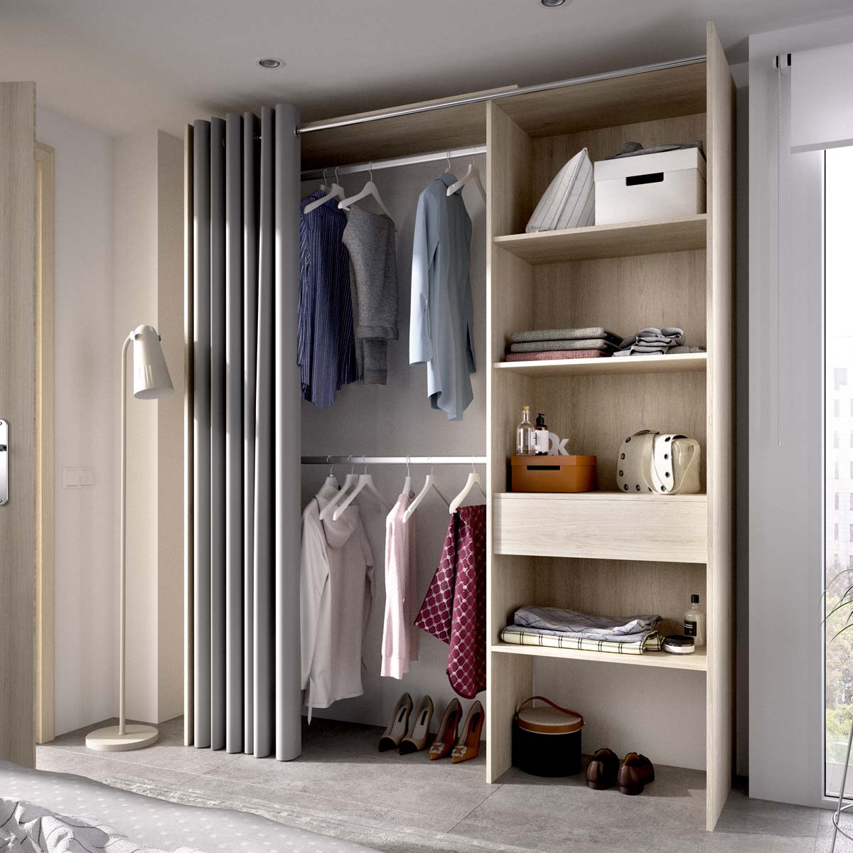 Armario vestidor regulable con columna y cortina Suit