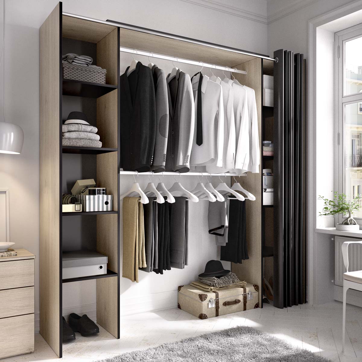 Armario vestidor regulable con dos columnas y cortina Suit