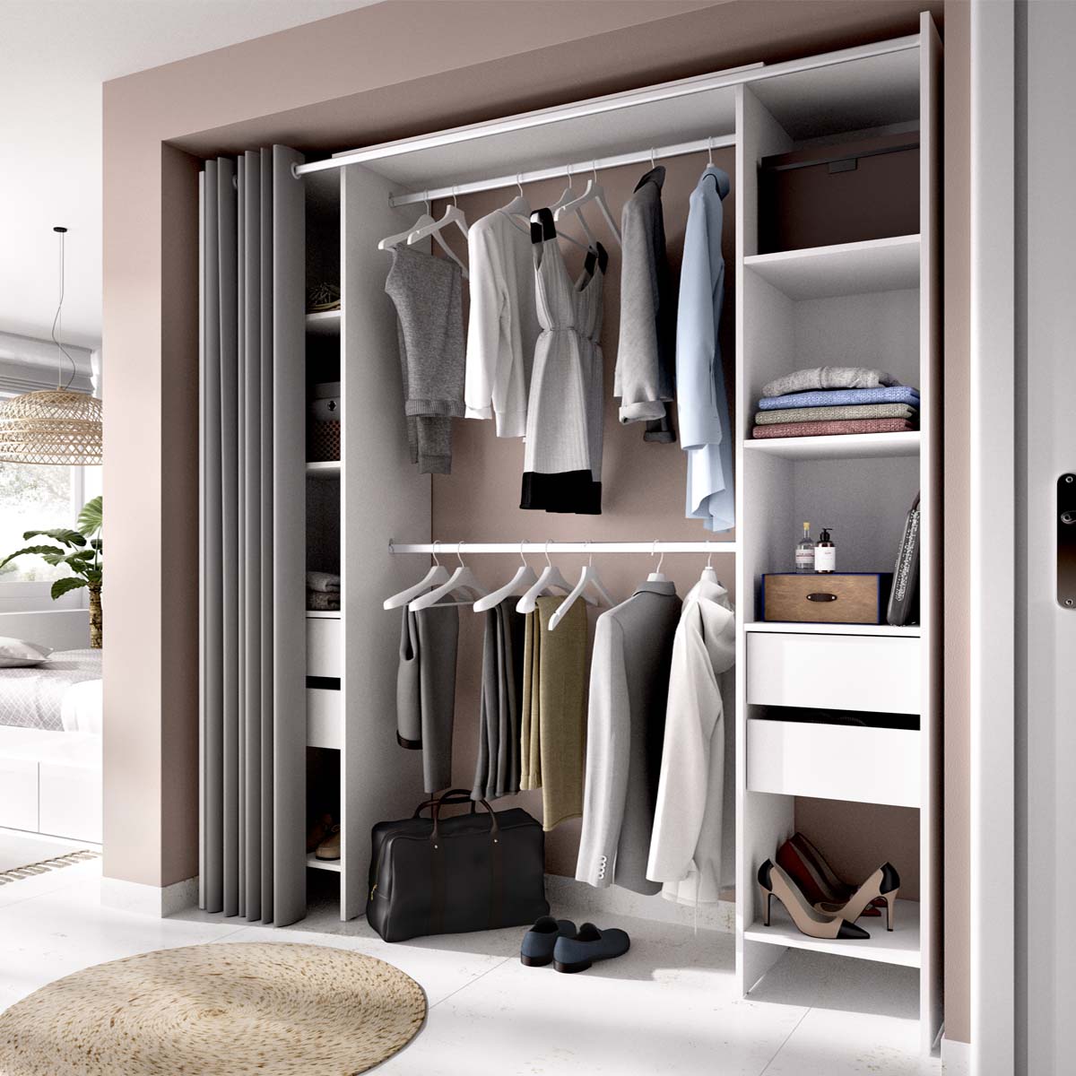 Armario vestidor regulable con dos columnas y cortina Suit