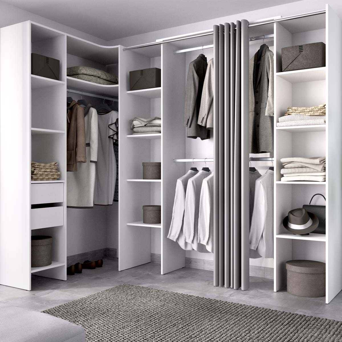 Armario vestidor rinconero regulable con tres columnas y cortina Suit