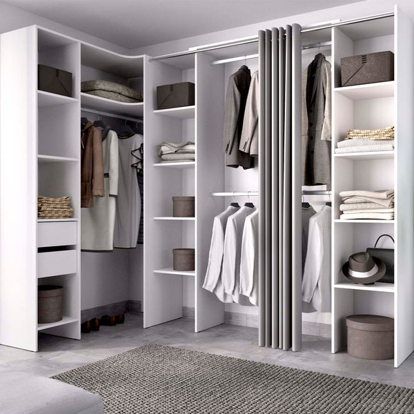 Armario vestidor rinconero regulable con tres columnas y cortina Suit