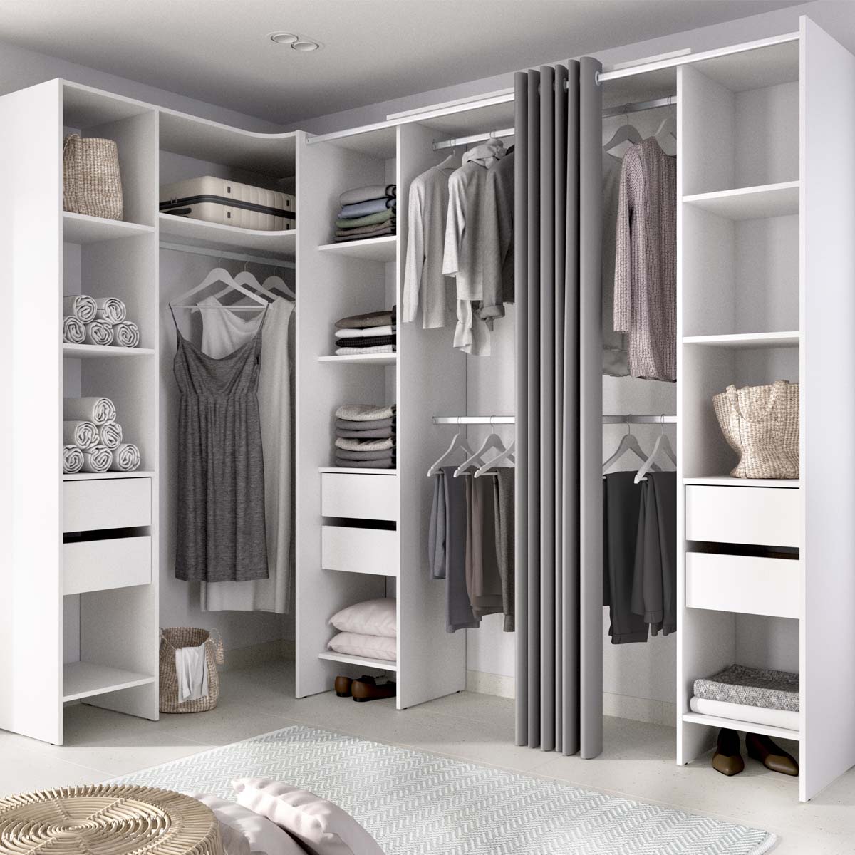 Armario vestidor rinconero regulable con tres columnas y cortina Suit