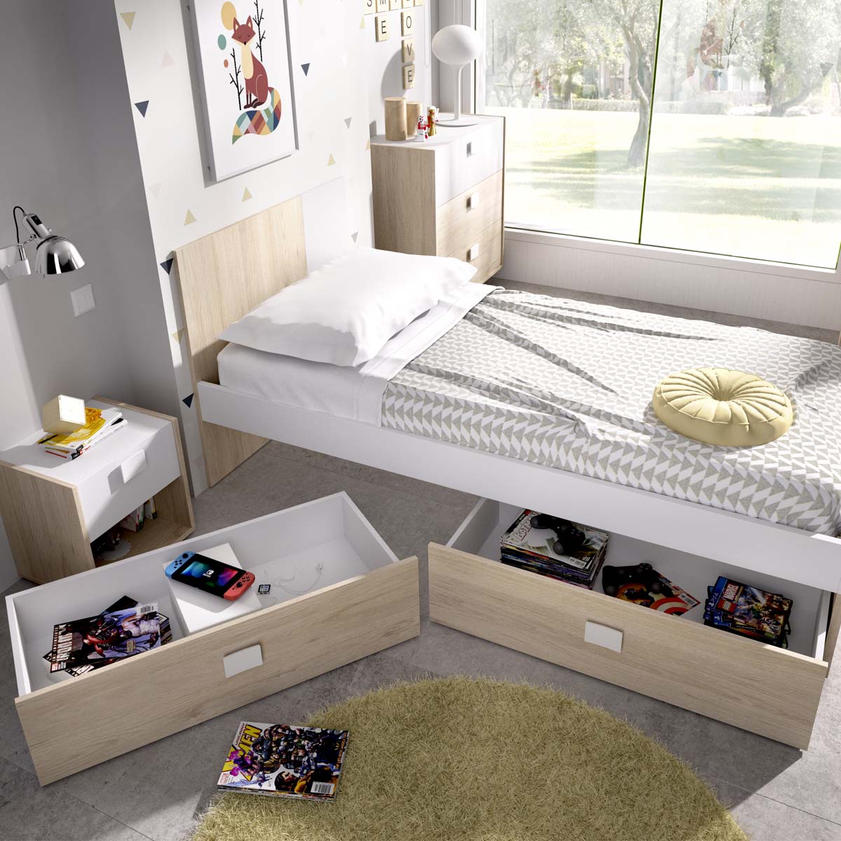 Cama individual con cabecero y cajones Dina