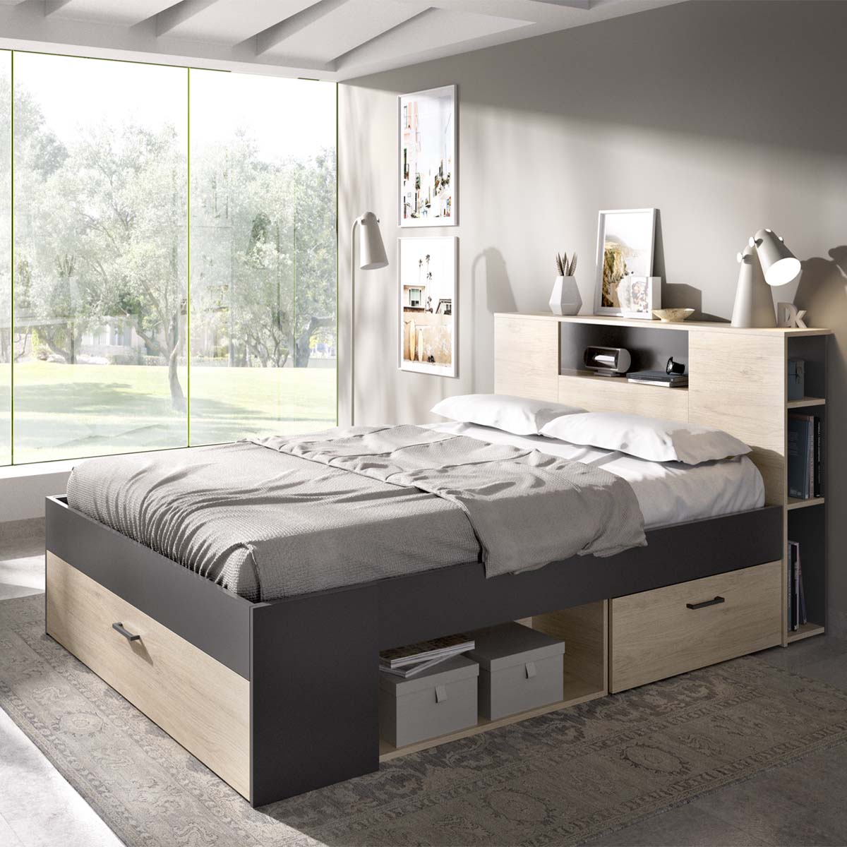 Cama matrimonio con cabecero y almacenaje Lanka