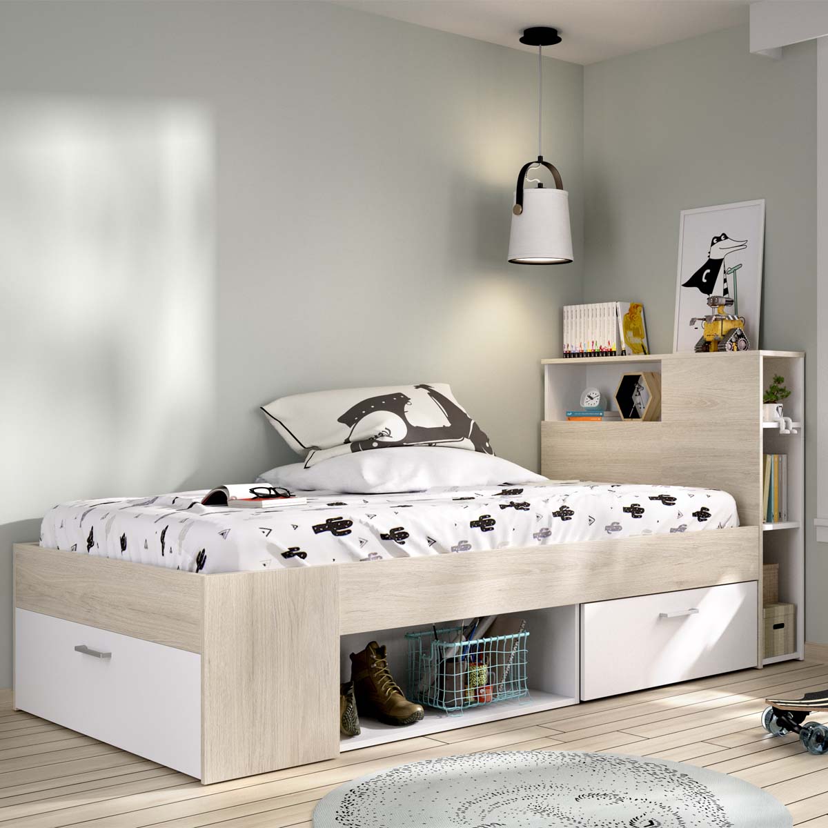 Cama individual con cabecero y almacenaje Lanka