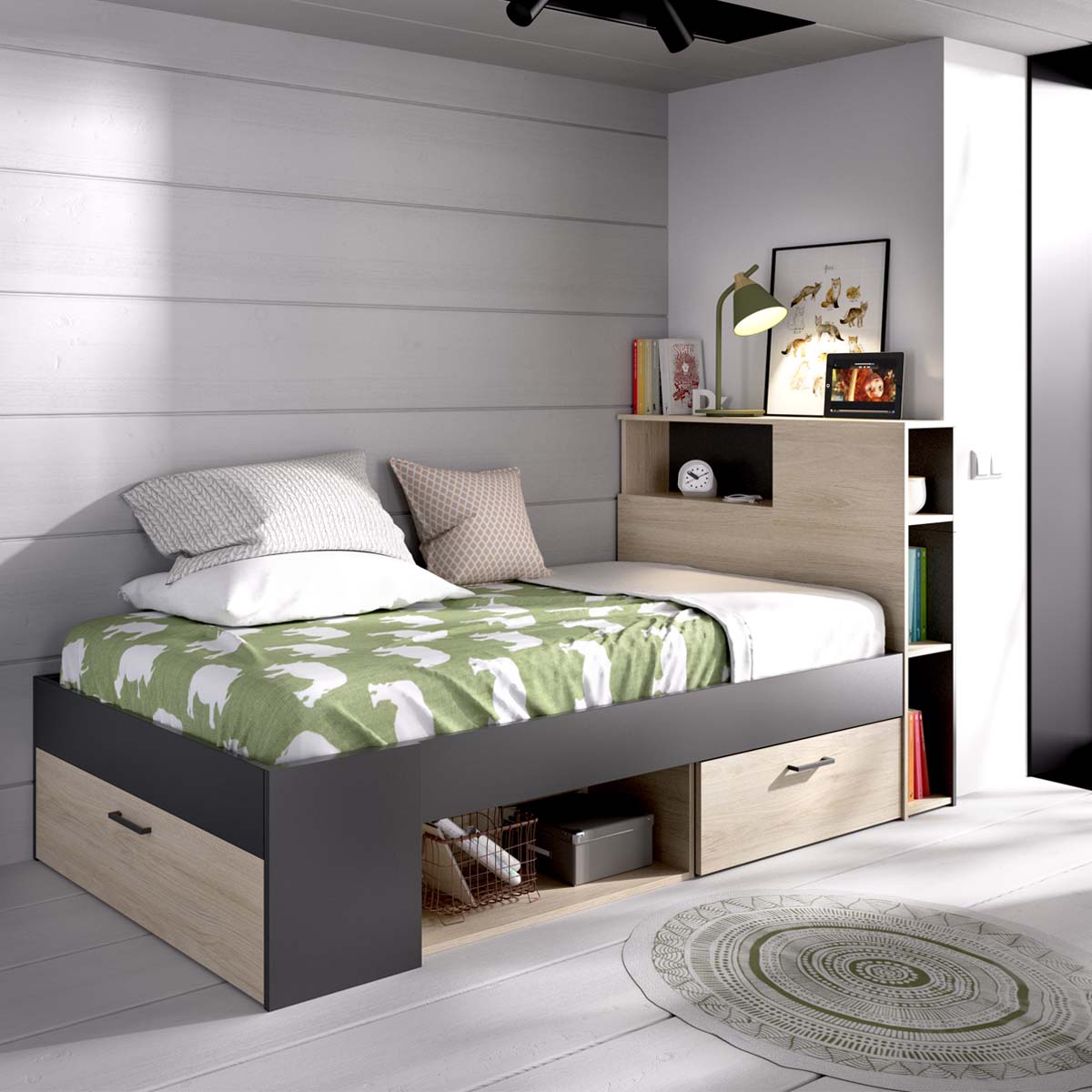 Cama individual con cabecero y almacenaje Lanka