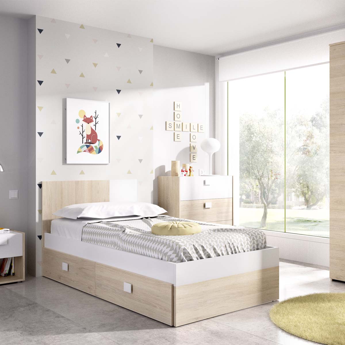 Cama individual con cabecero y cajones Dina