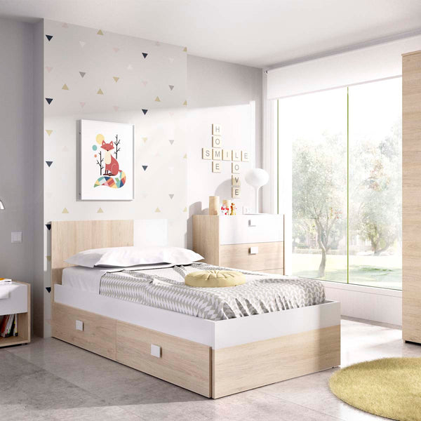 Cama individual con cabecero y cajones Dina