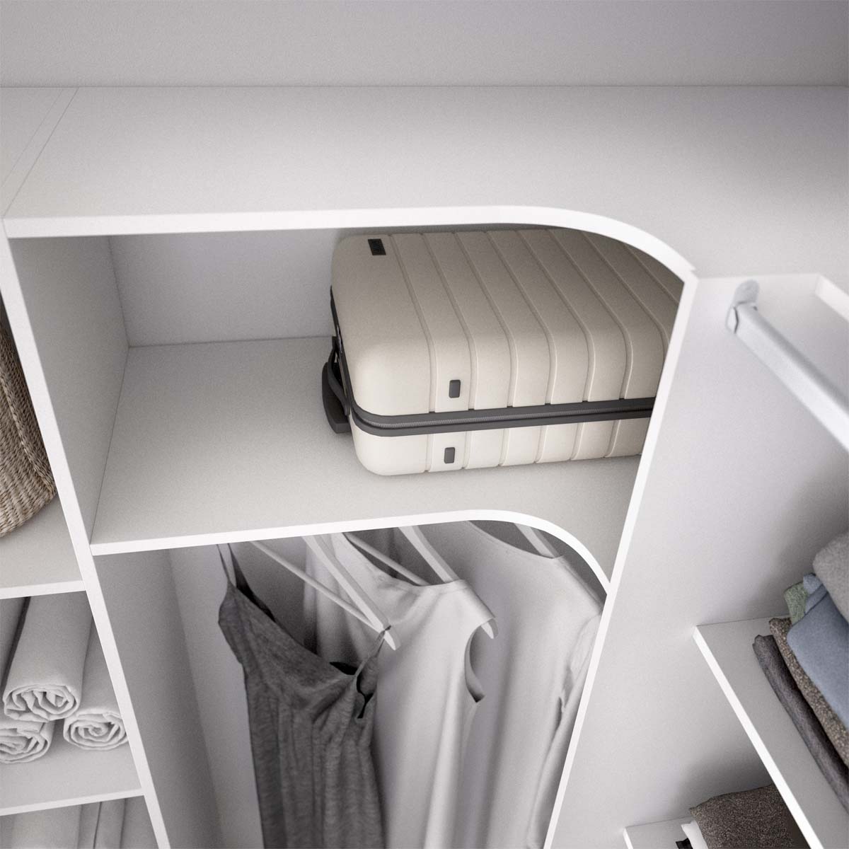 Armario vestidor rinconero regulable con tres columnas y cortina Suit