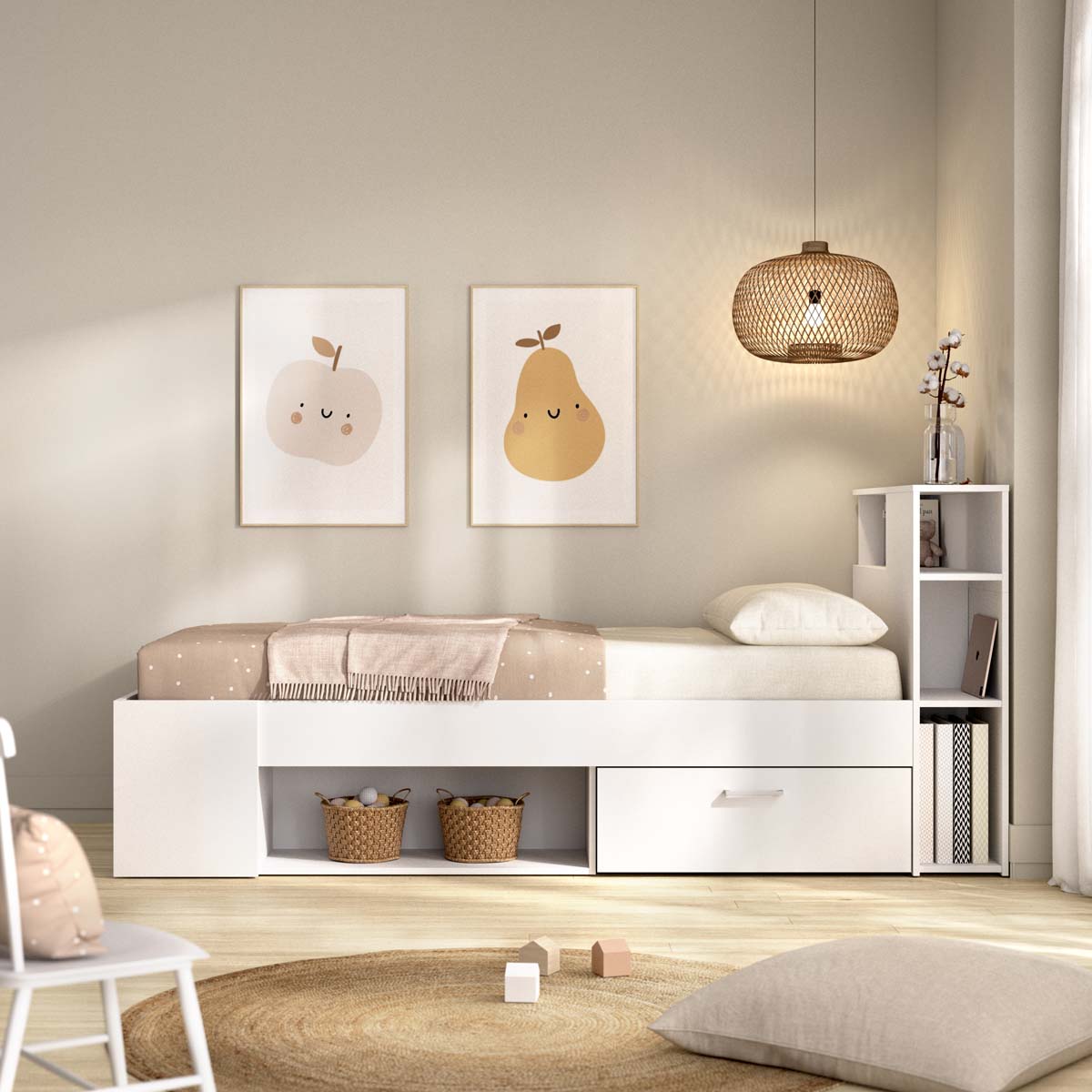 Cama individual con cabecero y almacenaje Lanka