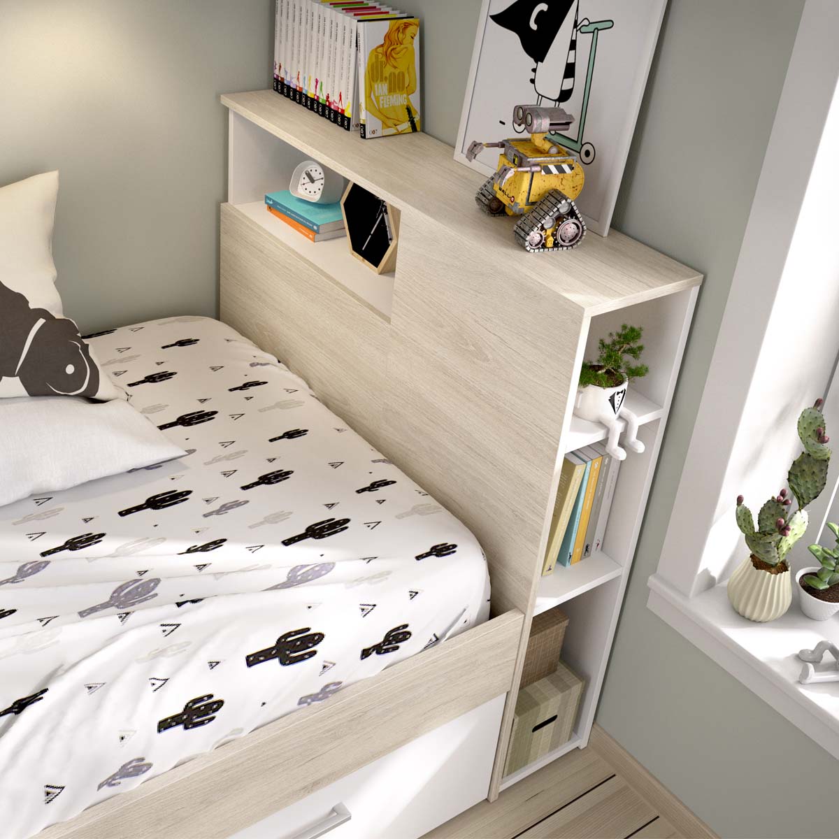 Cama individual con cabecero y almacenaje Lanka