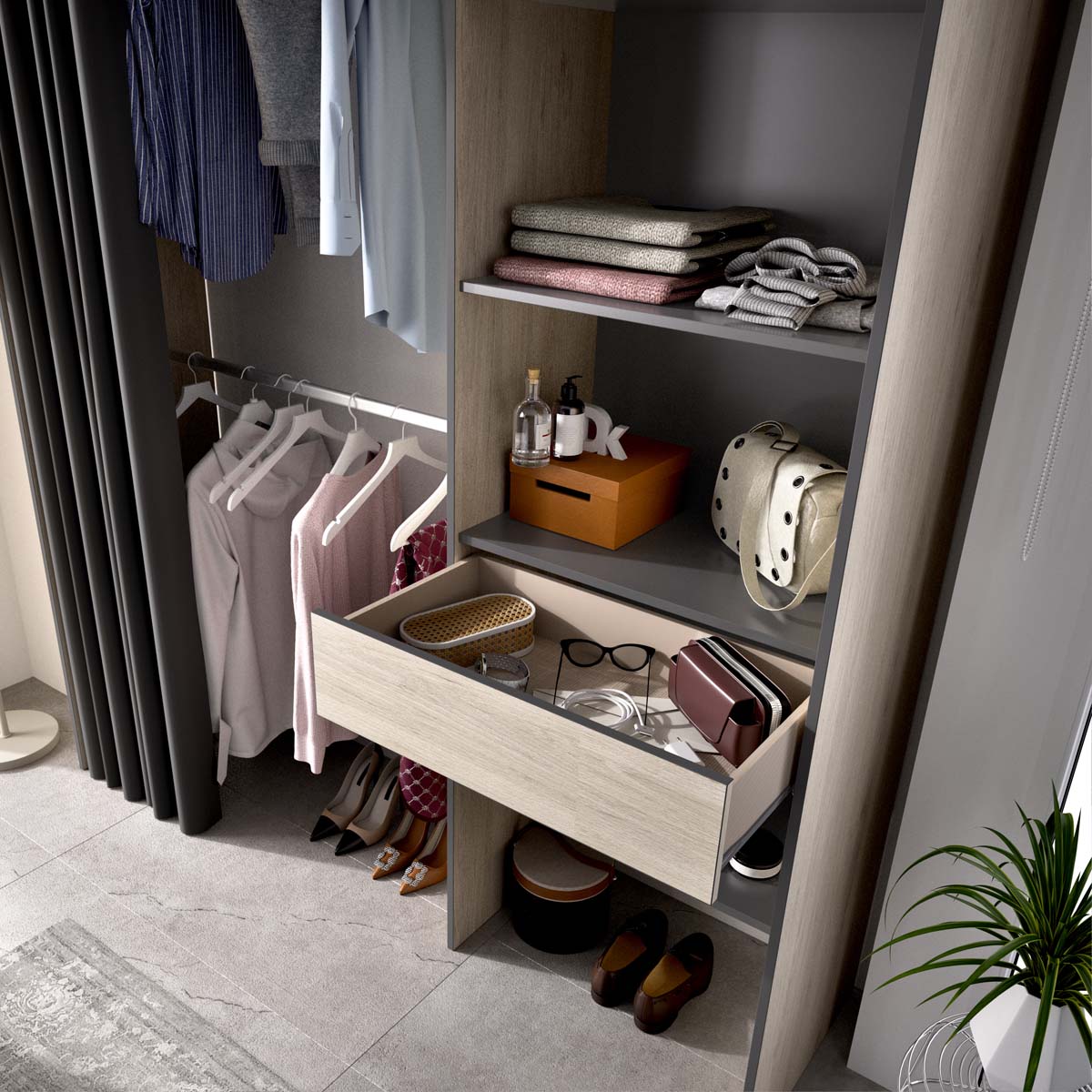 Armario vestidor regulable con columna y cortina Suit