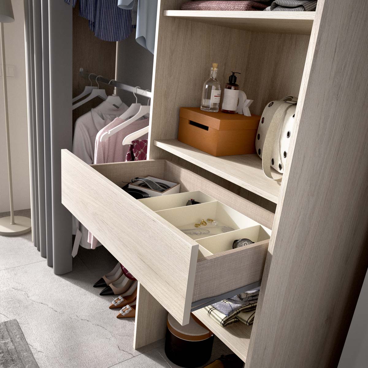 Armario vestidor regulable con columna y cortina Suit