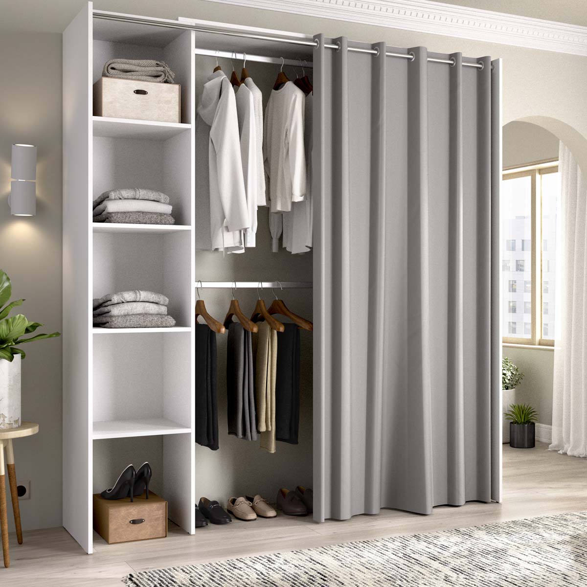 Armario vestidor regulable con dos columnas y cortina Suit