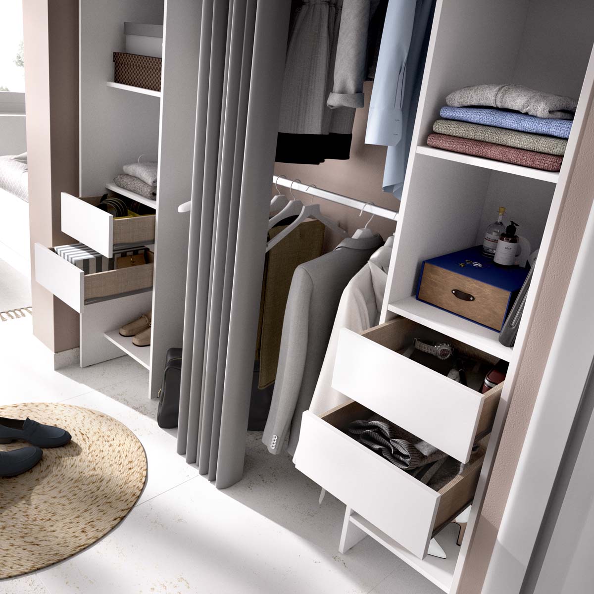 Armario vestidor regulable con dos columnas y cortina Suit
