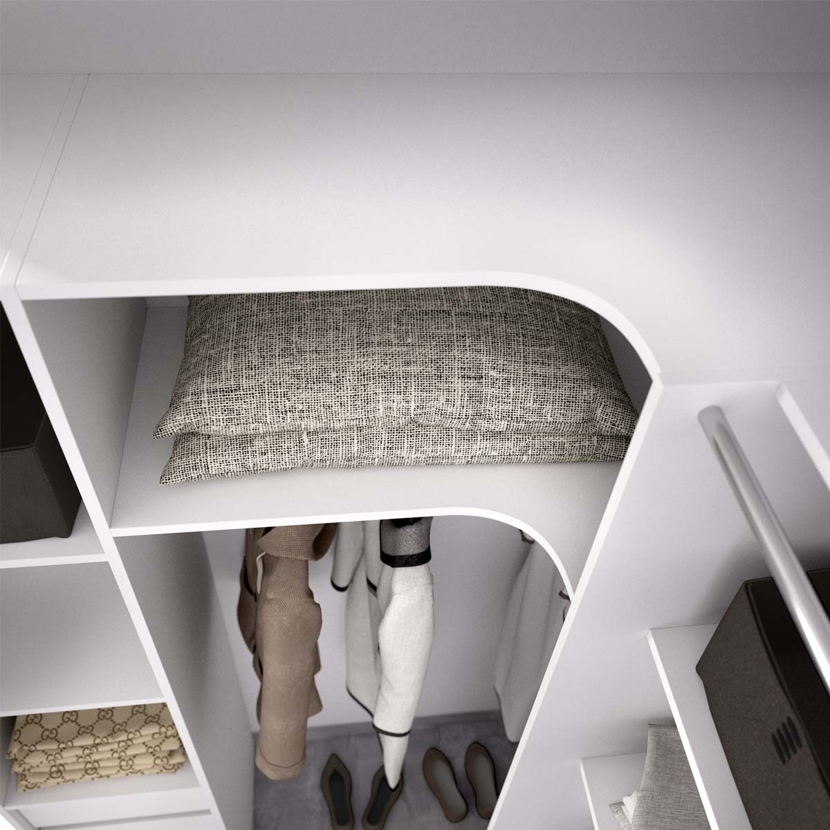 Armario vestidor rinconero regulable con tres columnas y cortina Suit