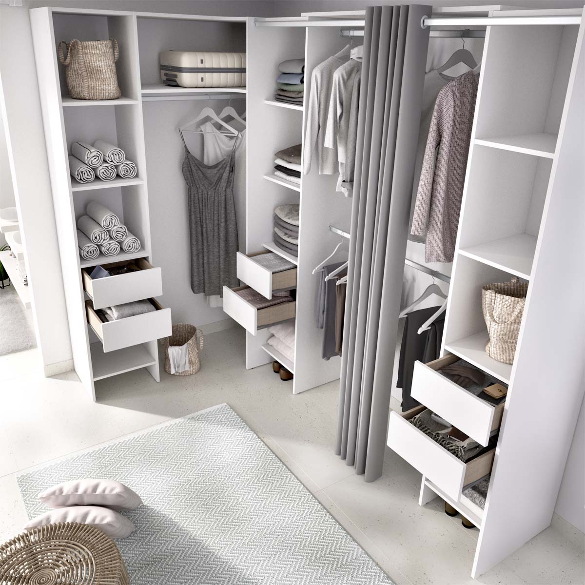 Armario vestidor rinconero regulable con tres columnas y cortina Suit